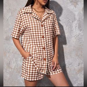 Drop Shoulder Checkerboard Blouse & Shorts